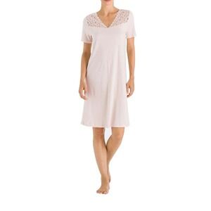 HANRO Nightgown Rose Lace Trim V-Neck Short Sleeve Sleep Shirt Dress Size